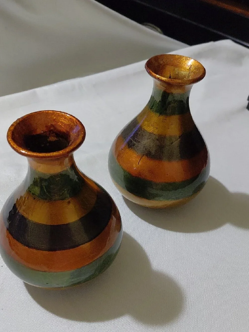 Striped Copper and Forest Green Ceramic Accent Vases - Set of 2